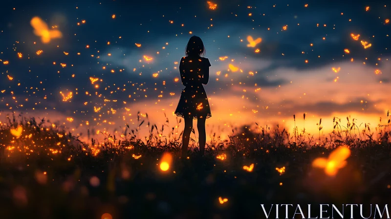 Sunset Field with Girl and Butterflies