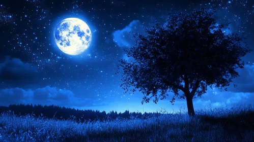 Starry Night Sky and Moonlit Tree