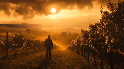 Man in Vineyard at Sunset