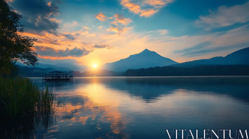 Still Lake at Dusk with Mountain View