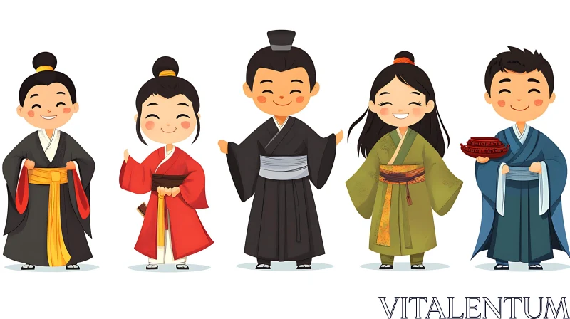 Cartoon Children in Traditional Chinese Clothing AI Image