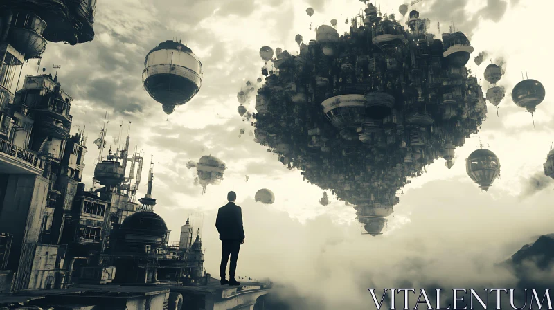Monochrome Man Gazing at Floating City