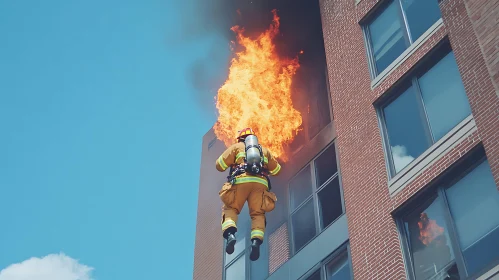 Heroic Firefighter Scaling Burning Building