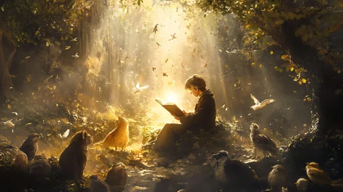 Forest Reader Surrounded by Wildlife