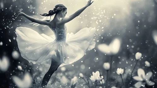 Monochrome Ballerina in Floral Dreamscape