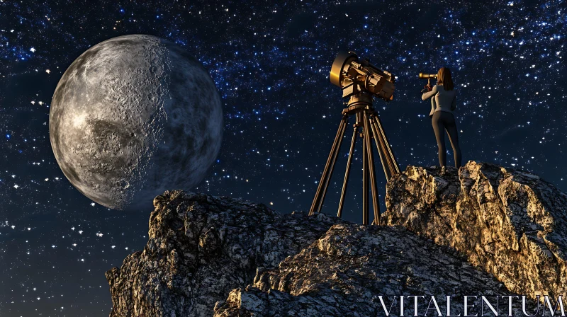 Woman Observing Moon with Telescope