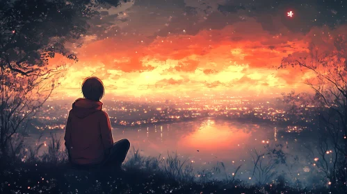 Figure Watching Sunset Over City