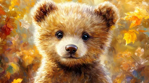 Adorable Bear Cub Amidst Autumn Foliage