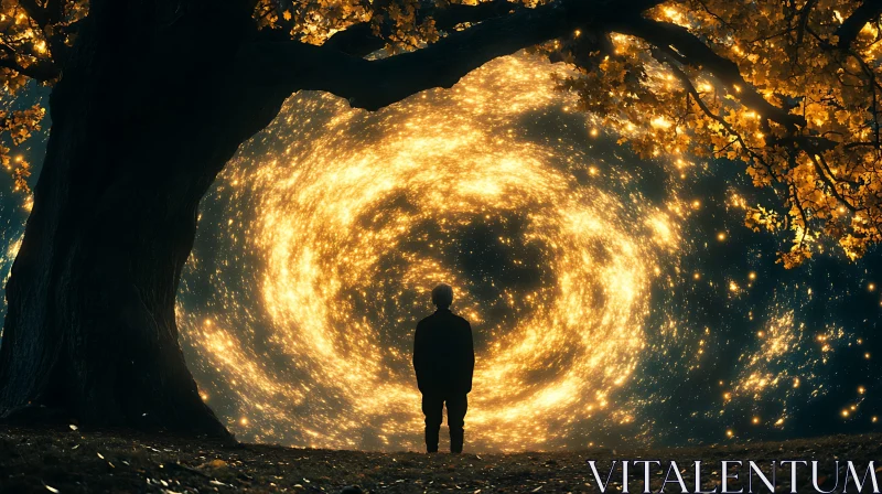 AI ART Figure Gazing at Luminous Tree Portal
