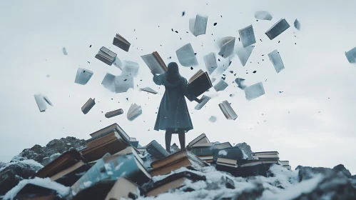 Woman Conjuring Books in Ethereal Landscape
