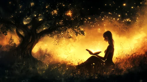 Woman Reading Under a Magical Tree