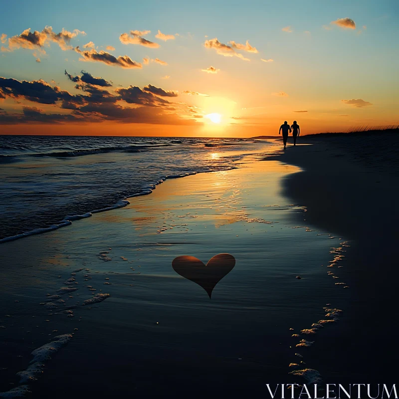 Seaside Sunset with Couple Silhouette