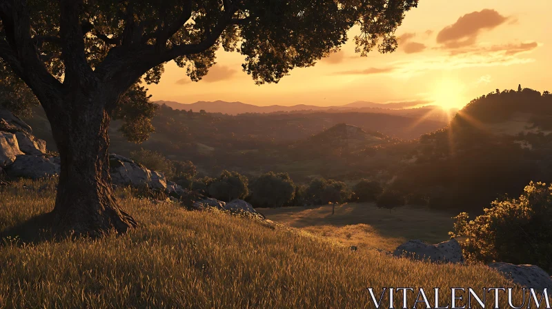 Tranquil Sunset Landscape with Majestic Tree