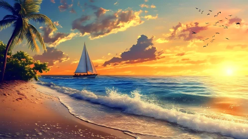 Ocean Sunset with Sailboat and Palm