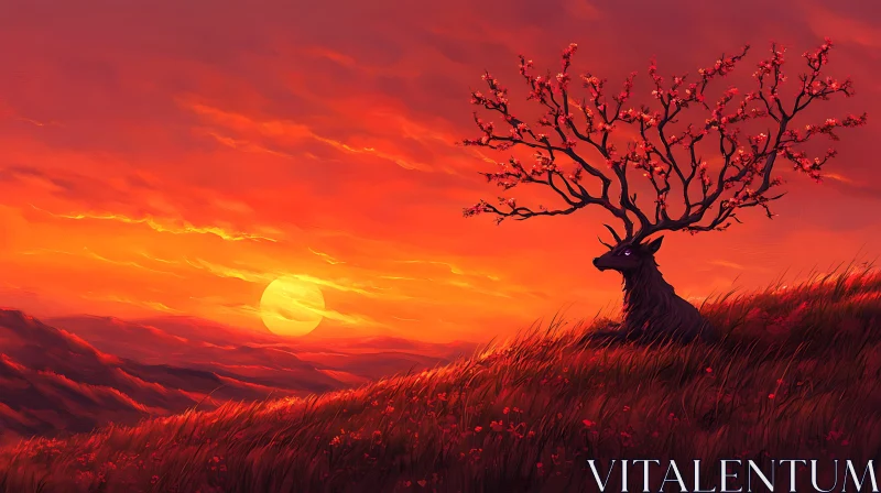 Crimson Sunset Deer with Floral Antlers