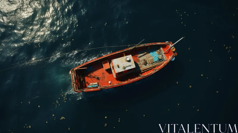 Aerial Scene of a Small Red Boat Floating in the Sea - Rusty Debris and Unreal Engine 5 AI Image