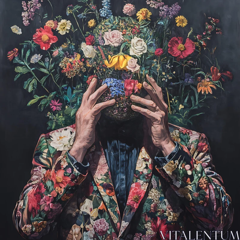 Man in Floral Suit with Flower Head AI Image