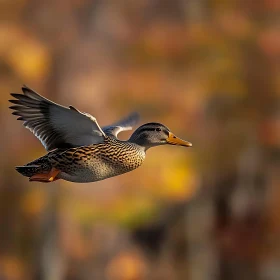 Duck Flying over Autumnal Background