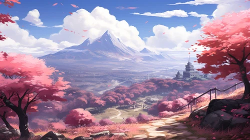 Anime Landscape with Pink Trees and Mountainous Vistas