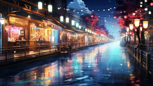 Anime-styled Night Cityscape with Colorful Murals and Glowing Lights