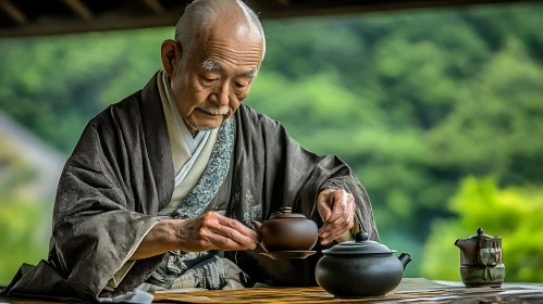 Elderly Man Preparing Tea with Teaware
