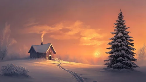 Snowy Cabin in Winter Landscape