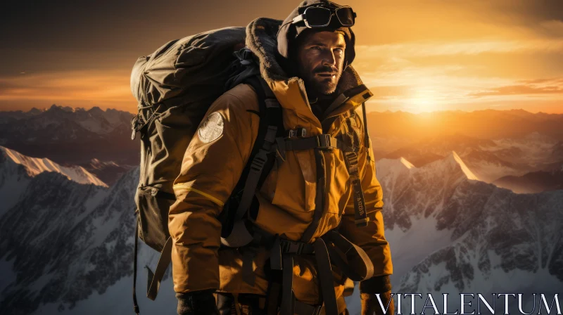 Backpacker atop Mountain at Sunset - Emotive Portraiture AI Image