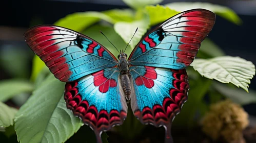 Blue and Red Butterfly Resting on Green Leaves - A Lifelike Representation
