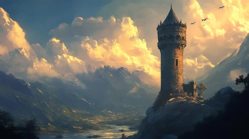 Ancient Stone Tower in Mountain Valley