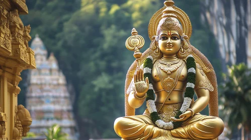 Golden Hindu Deity Statue with Greenery Backdrop