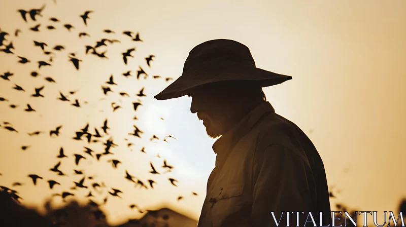 Silhouette of a man with birds