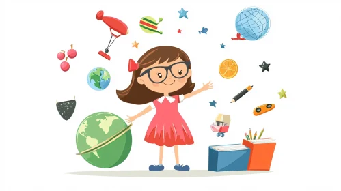 Cartoon Girl with School Objects