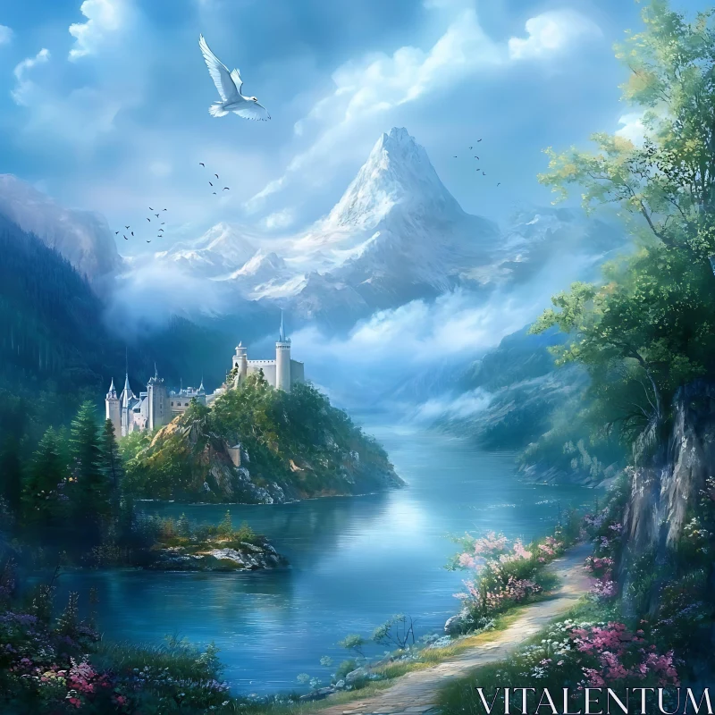 Scenic Castle Landscape with Soaring Bird
