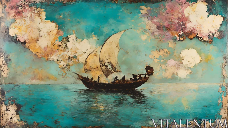 Seascape with Sailing Boat in Vintage Style