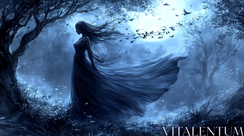 Moonlit Lady in Forest Landscape