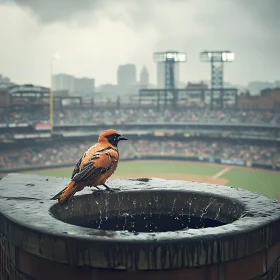 Bird on Ledge at Rainy Game