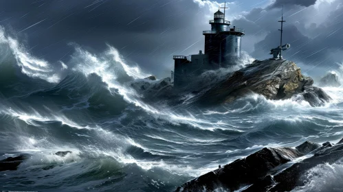 Dramatic Night Seascape: A Majestic Lighthouse Battling the Elements