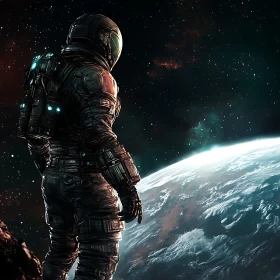 Lone Astronaut Overlooking Distant Planet