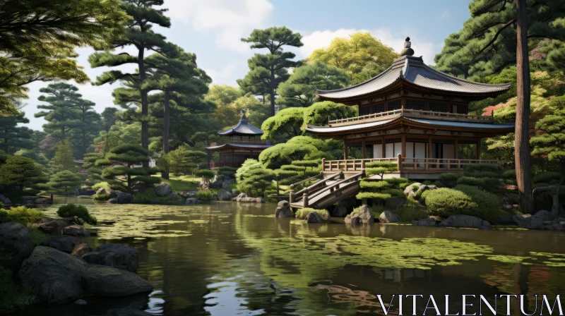 Elegant Japanese Architecture Scene on a Green Lake AI Image