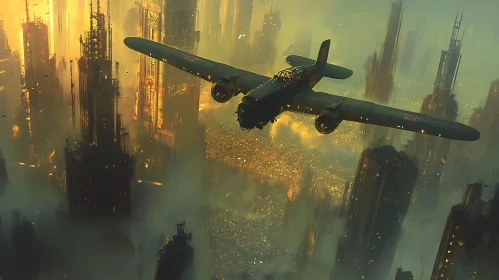 Vintage Airplane Flight Above City