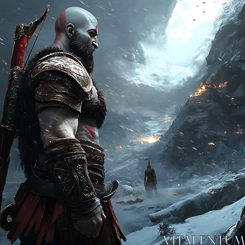 Armored Warrior Overlooking Snowy Mountains