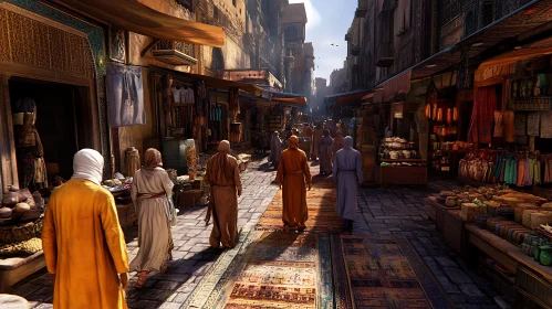 Middle Ages street with carpet and people
