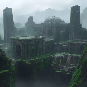 Moss-Covered Ruins in Misty Landscape