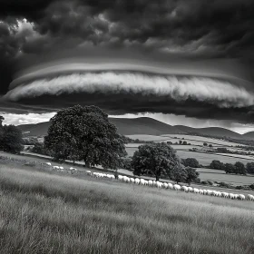 Black and White Pastoral Scene with Sheep