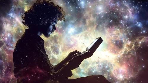 Man typing on laptop with galaxy background
