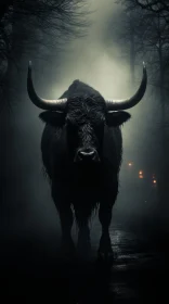 Mysterious Bull on Foggy Road - A Techno Shamanism Influence
