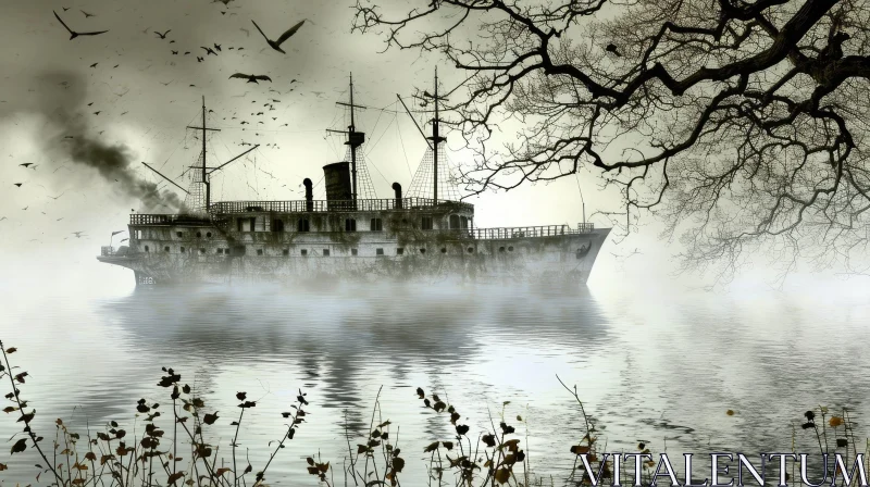AI ART Mysterious Digital Painting of a Ghost Ship in a Misty Bay
