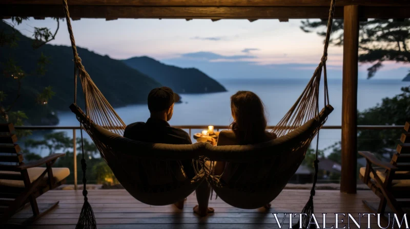 Romantic Couple on Hammock Overlooking Ocean - Chiaroscuro Lighting AI Image