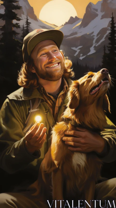 Scenic Mountain Art: A Man with Dog in Realistic Depiction of Light AI Image