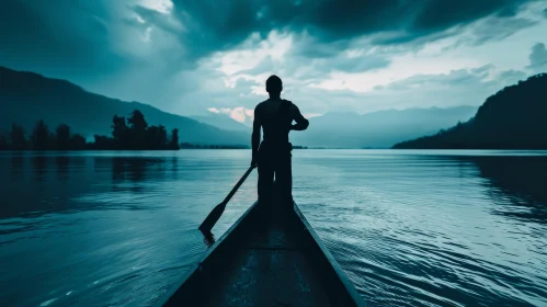 Tranquil Lake Landscape with Person in Boat